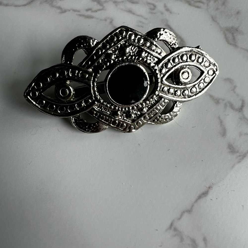 Silver and Black Eye Design Brooch costume Art deco design